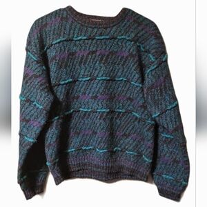 Vintage Coogi Style Knit Sweater in Teal Black and Purple Concrete Arcylic